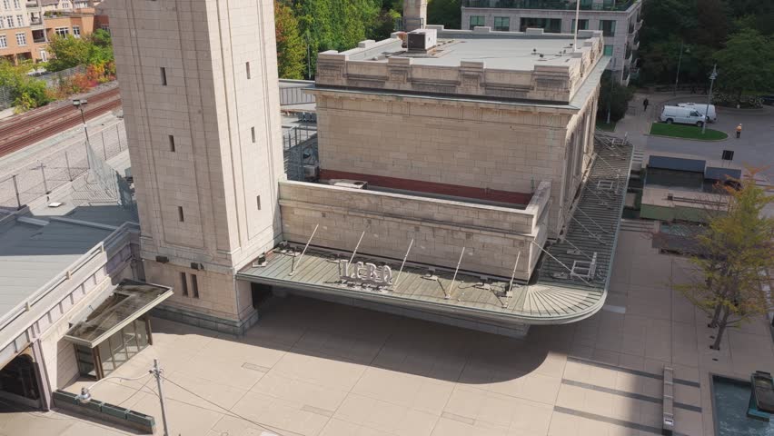 Drone shot of the LCBO and clocktower in the Summerhill neighbourhood in Toronto