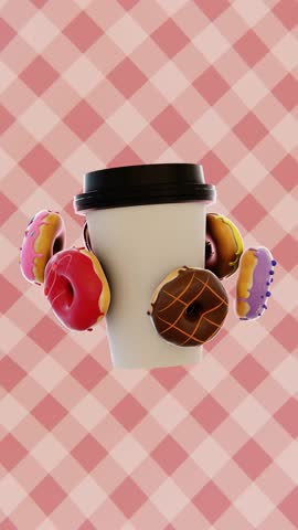National Donut Day vertical 3D glazed paper coffee cup latte cappuccino rotating sweet roulette pink gingham loop animation celebration event festival advertise marketing groovy wallpaper food sale