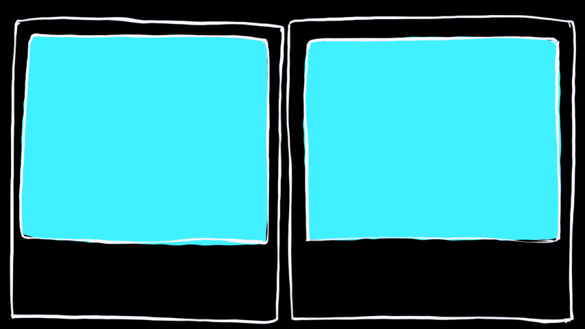 Doodle animation of adding a photo on a black screen. Cartoon-style photo gallery effect in 4K with alpha channel. Printed photographs lie on a table and switch in slideshow mode.