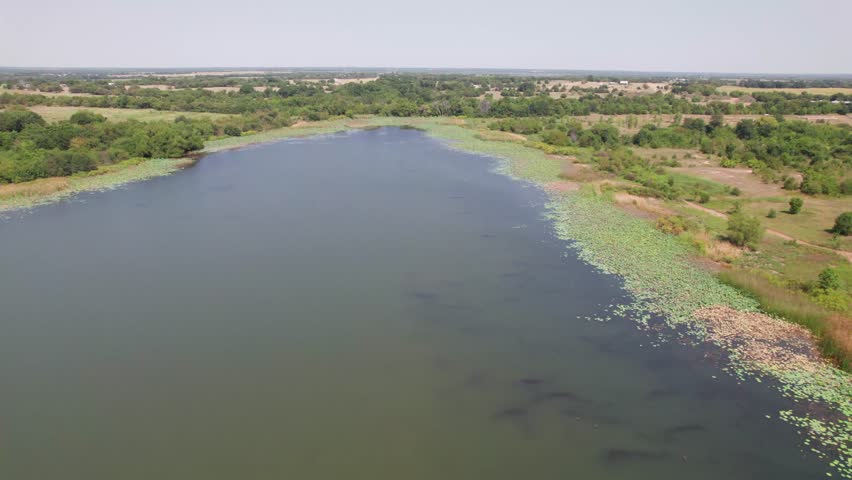 Aerial video of Wolfe City Reservoir 1 in Wolfe City, Texas. Camera pans to the left revealing the reservoir and lily pads in the water.