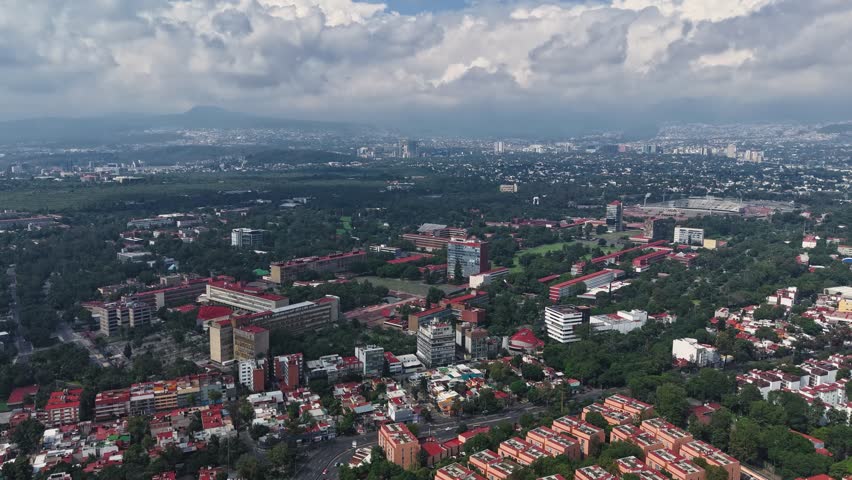 Drone hyperlapse showing a cloudy afternoon with thick clouds over southern Mexico City