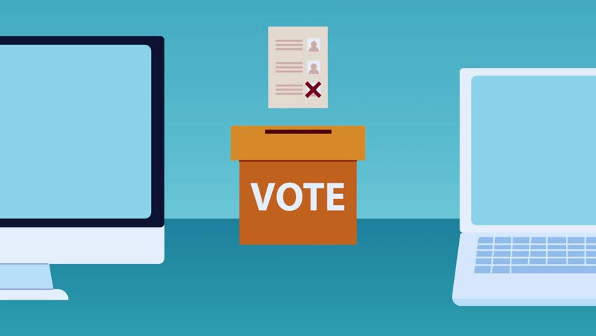Animated Election Day scene with a voting box and electronic devices. Perfect for voter awareness, democratic campaigns, civic education, social media, and election-themed presentations.