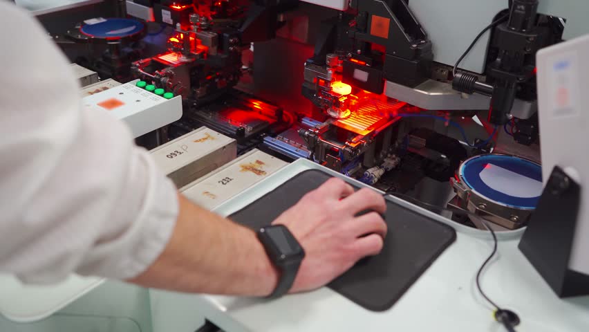 Robotic machine for installing chips, semiconductor transistors on microcircuit, board. Close-up of hands of worker, specialist controlling high-tech machine for production of microcircuits.