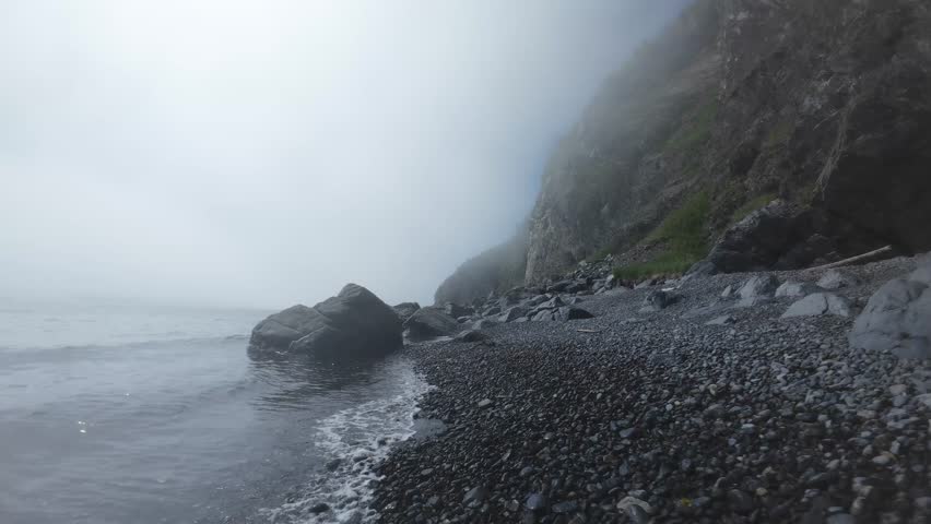 Experience the beauty of a foggy coastline with rocky formations and gentle waves.