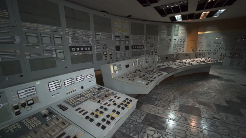Control Room Of Reactor 4. Abandoned Nuclear Power Plant In Chernobyl, Ukraine. Panning Left Shot