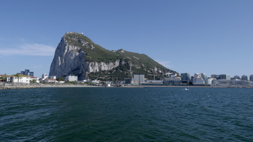 Pan from the rock of Gibraltar towards the Algeciras bay, as seen from La Linea de la Concepcion in Spain.