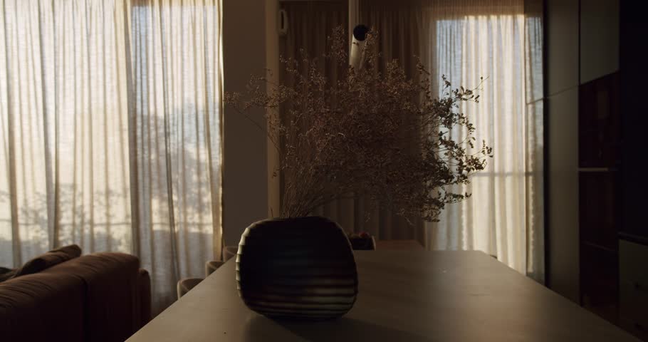 Dried flowers in a modern vase on a table in a dimly lit apartment. Sunlight filters through sheer curtains, creating a calm and peaceful atmosphere.