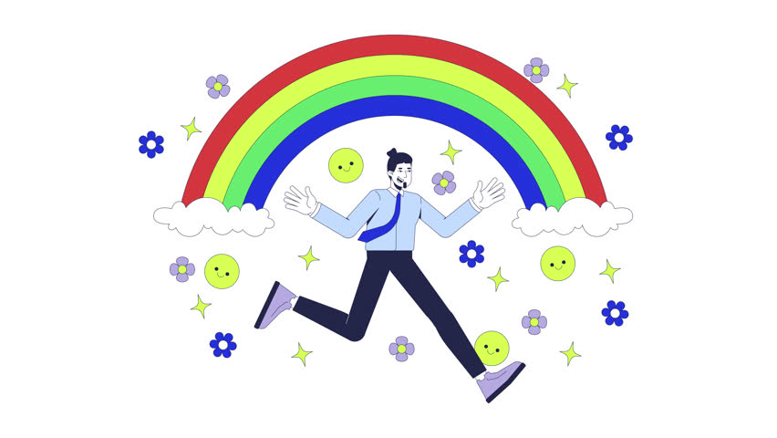 Positivity soft skill in workplace 2D animation. Caucasian office worker positive attitude. Corporate man running under rainbow animated character cartoon flat concept metaphor 4K video isolated