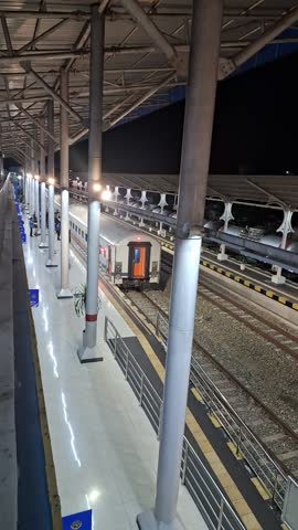 Railway station building seen at night