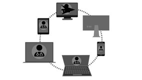 Animation of a computer and smartphone connected by a dotted line, symbolizing communication or data transfer - Powered by Shutterstock - Get 15% off with code: PIKWIZARD15