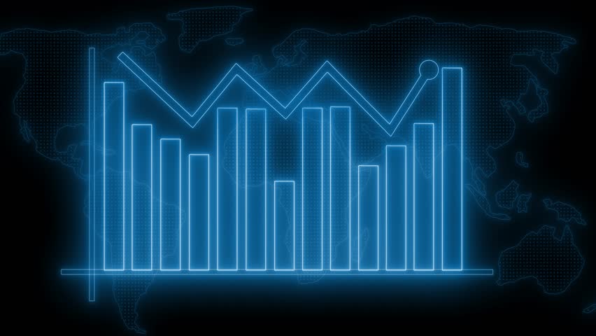 Glowing bar and line graph overlaid on a world map animation with dark background