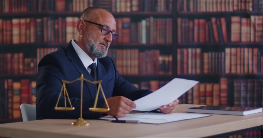 Barrister lawyer signing contract documents near scales. At a desk in the library office, he finalizes paperwork and notes justice terms today. Theme: professional legal document signing.