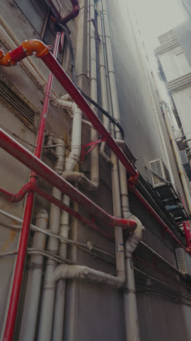 Detailed view of tangled industrial pipes and rusty tubes attached to an old concrete wall. Urban infrastructure and plumbing system showing complexity of utility connections.