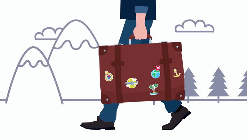 a man walks with a suitcase covered in travel stickers in a cartoon mountain and forest landscape