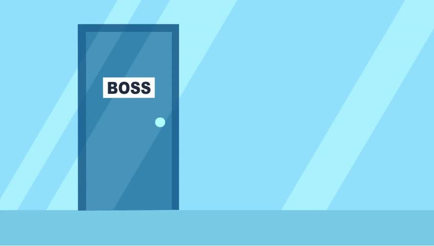 a blue door labeled boss in a blue office cartoon style, simple design, clean and modern look and feel