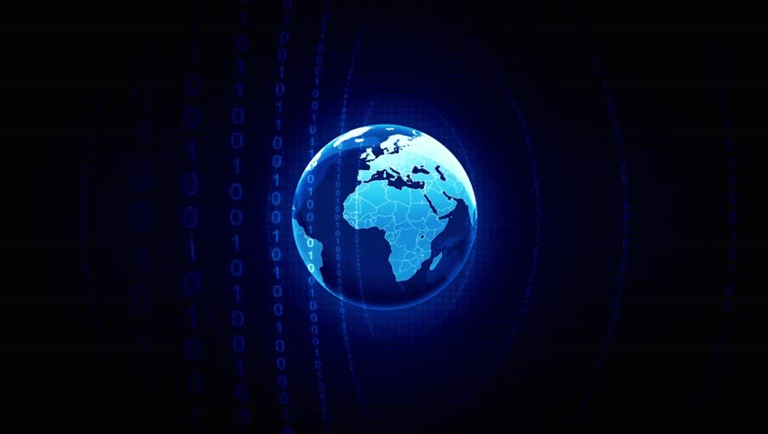 a glowing blue earth globe with digital binary code overlay against a dark background design element