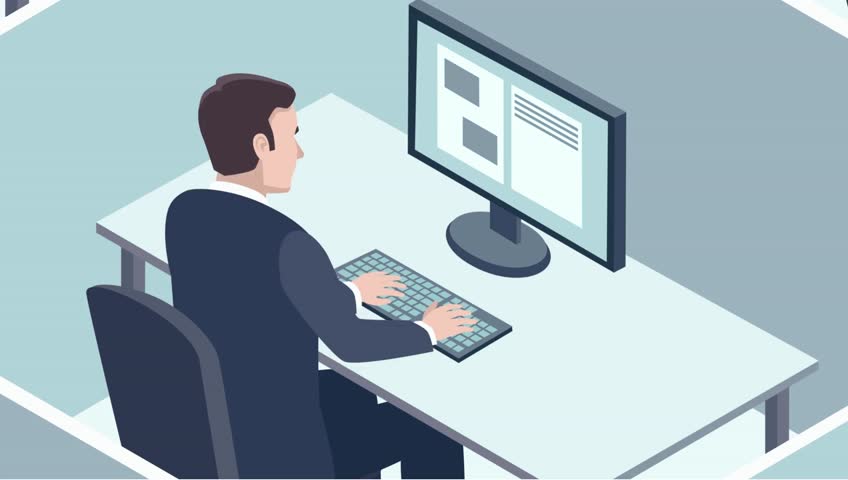 a man in a suit typing on a keyboard at a desk with a computer monitor in a stylized office setting