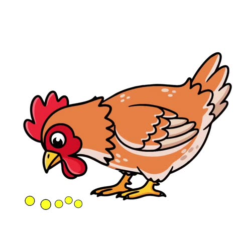 cartoon animation of a chicken pecking at food below, isolated in white