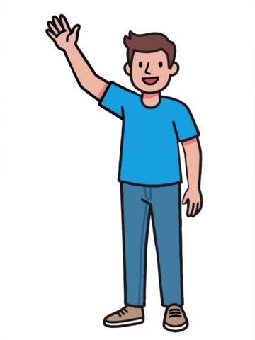 cartoon animation of a man waving his hand while blinking, isolated in white