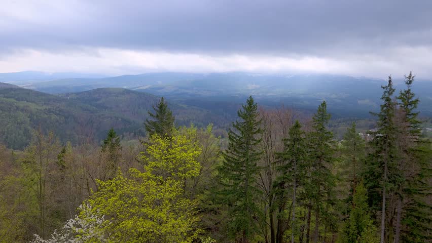 Serene Mountain Landscape Under Overcast Sky with Lush Forest and Distant Horizons