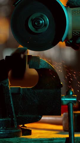 Super Slow Motion Of Cutting Iron Tube With Flex saw. Hard Working In Heavy Industry, Worker In Workshop. Low Depth Of Focus. Filmed On High Speed Cinema Camera, 1000 fps. Vertical Aspect Ratio.