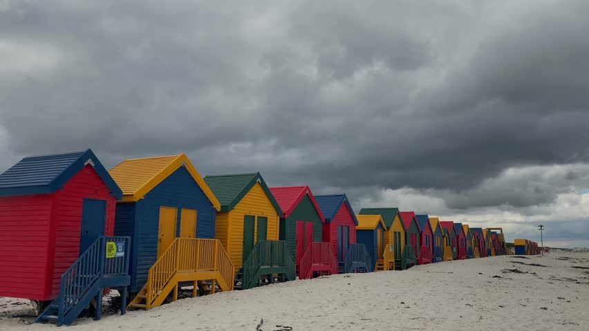 The coloured beach huts at Muizenberg beach near Cape Town.South Africa