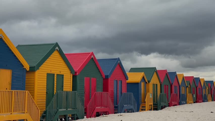The coloured beach huts at Muizenberg beach near Cape Town.South Africa