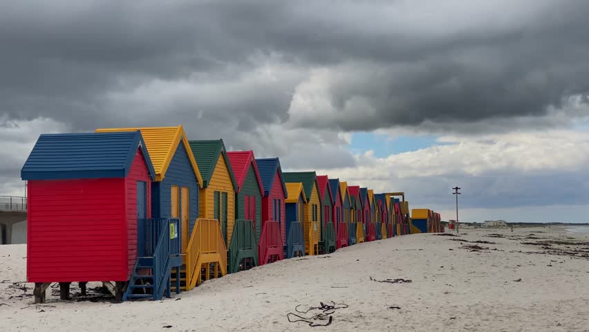 The coloured beach huts at Muizenberg beach near Cape Town.South Africa