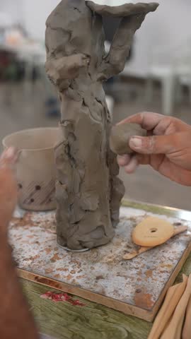 A close-up view of a sculptor's hands working with gray clay to create a detailed sculpture. The artist is seen refining the features of the clay piece while holding different tools