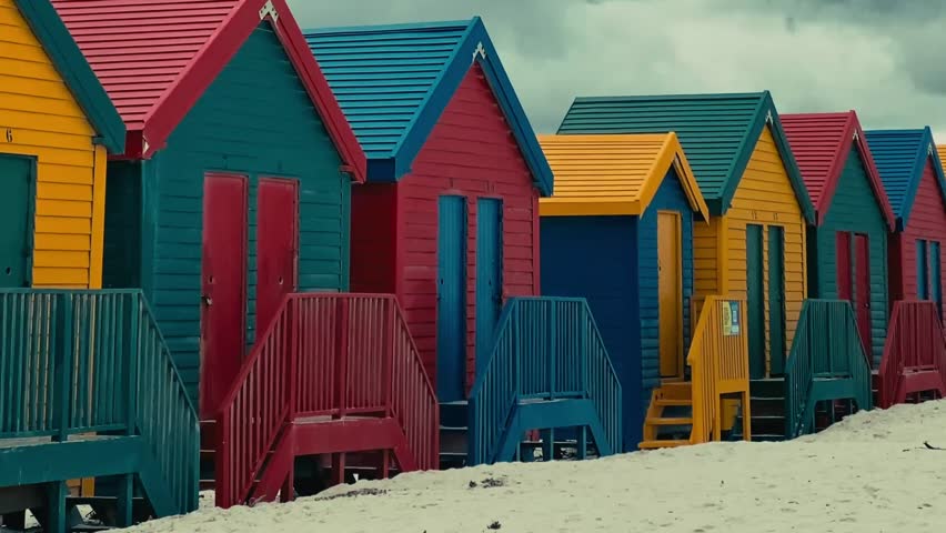 Video of iconic Muizenberg Beach huts at ocean coastline.Cape Town. South Africa.