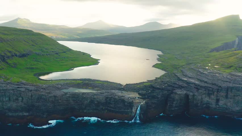 island, cliff, lake, landscape, nature, travel, faroe, mountain, scenery, sea, ocean, denmark, seascape, tourism, view, atlantic, beautiful, scandinavia, water, background, cloudy, sky, coast, europa,