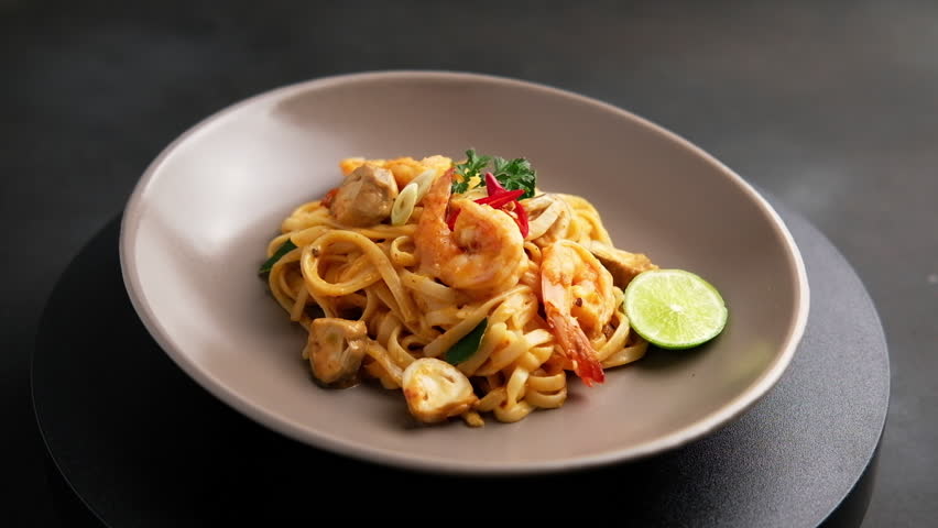 Creamy Fettuccine pasta Tom Yum Kung,Thai style fusion food, spicy spaghetti with shrimp and straw mushroom in tom yum sauce.