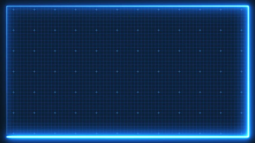 Blue neon grid frame for stage presentation, simple blueprint guide table panel motion graphic, digital square line pattern technology screen, empty futuristic computer monitor loading background