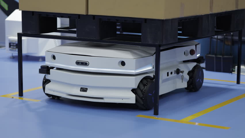 Self-driving autonomous robot vehicle with sensors and smart navigation system moving across blue factory floor. Futuristic logistics machine for industrial automation and smart production. - Powered by Shutterstock - Get 15% off with code: PIKWIZARD15