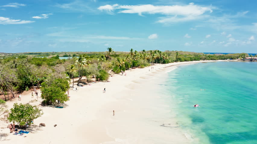 Salines Beach fly over in Sainte-Anne, Martinique, France. Salines Beach is a popular tourist destination along Coastal State Forest.