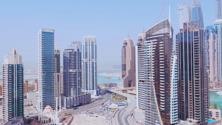 Aerial view of Dubai Marina with modern skyscrapers and urban skyline, showing towers and city development, photographed on 29 August 2023 in Dubai, UAE.