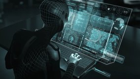 Wireframe AI robot analyzing data on futuristic laptop with holographic display - Powered by Shutterstock - Get 15% off with code: PIKWIZARD15