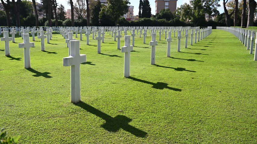 Crosses in war Cemetery. Memorial with headstones. The victims of the war. World War II memorial.  