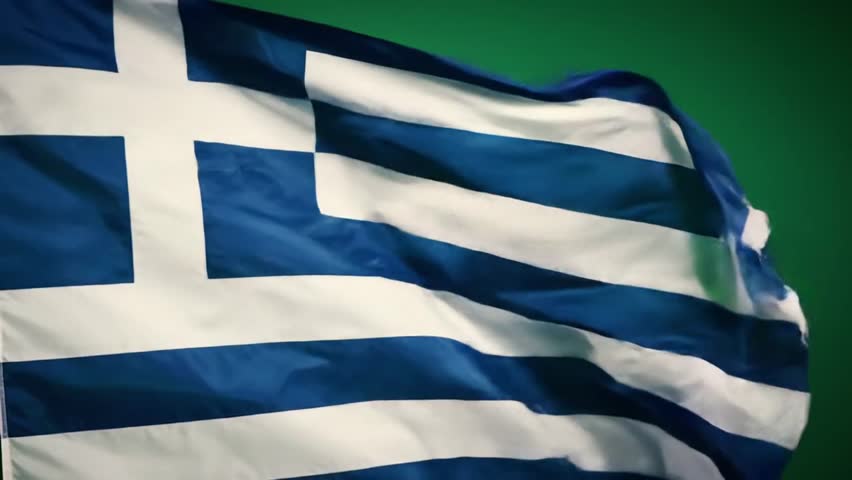Ultra-detailed slow-motion capture of the Greek flag billowing majestically against a vivid green backdrop. Realistic wind simulation and cinematic lighting create a powerful and symbolic visual.