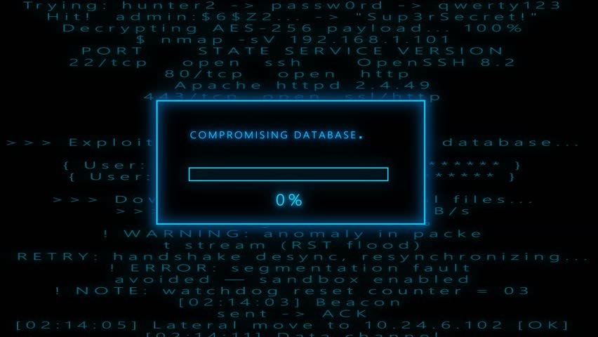 Cracking Encryption in Cyber Matrix: Hacker Terminal Animation of SQL Exploit, Database Breach, and Digital Intrusion Sequence in Progress
