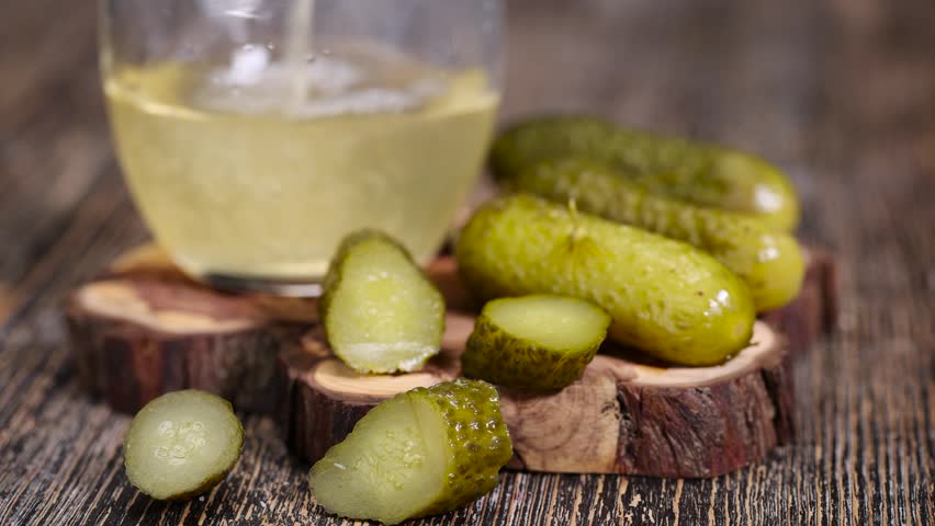 cucumbers marinade and pickled next to a glass, poured pickle with spices and whole crispy cucumbers on a board