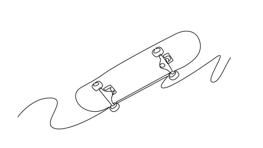 Self drawing animation of single line draw a skateboard logo icon, representing the core equipment, the motion, and the identity of rebellious youth culture. Continuous line draw. Full length animated