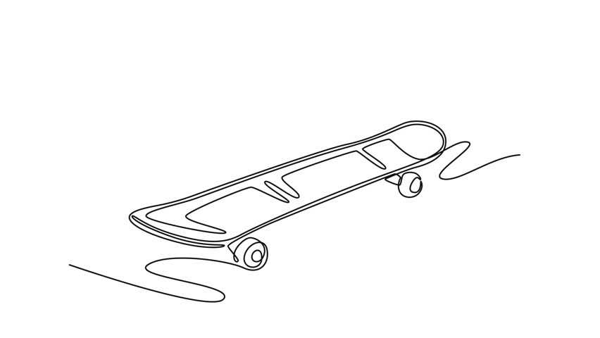 Self drawing animation of single line draw a skateboard in motion logo icon. Symbolizing freedom, urban culture, thrilling lifestyle, and the fun of a ride. Continuous line draw. Full length animated