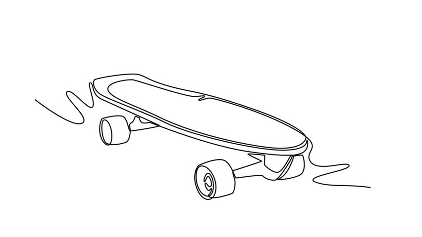 Self drawing animation of single line draw a skateboard logo, representing core equipment, the motion, and the identity of a rebellious youth urban culture. Continuous line draw. Full length animated