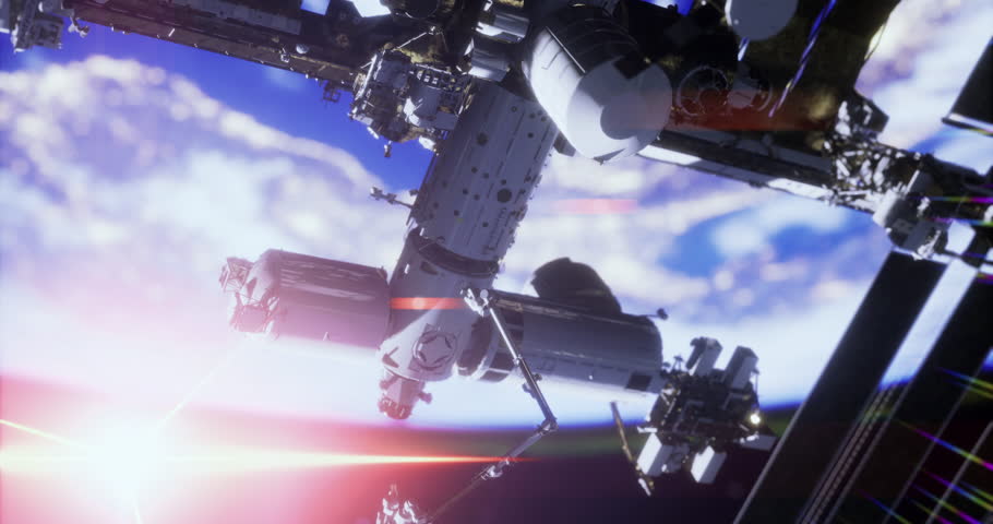 Space station in low Earth orbit is illuminated by the sunlight during sunset. Astronauts perform essential repairs while Earth is visible below, showcasing a stunning cosmic view.