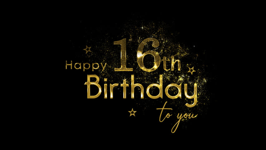 Golden logo congratulations on 16 happy birthday, sixteen years, golden particles and alpha channel