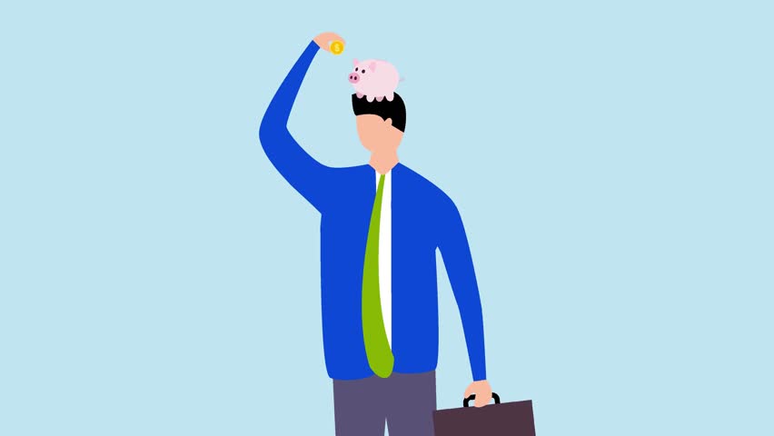 Animated scene of a smart young adult man putting dollar bills into a piggy bank, symbolizing the financial principle of “Pay Yourself First.” Perfect for personal finance education, savings concepts.