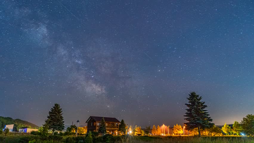 Timelapse starry sky milky way 4k in Higashikawa town, Hokkaido, Japan.