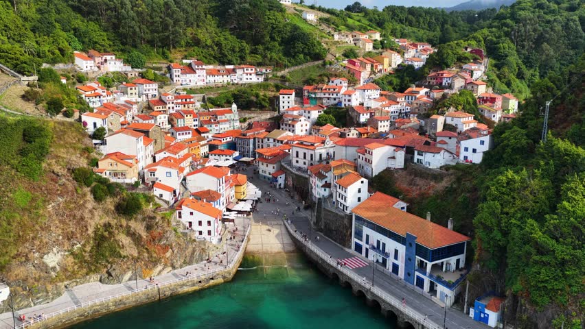 Aerial view of the Cudillero fishing village in Asturias, northern Spain. Bay of Biscay coast, travel destination in northern Spain, Atlantic Ocean Spanish coastline