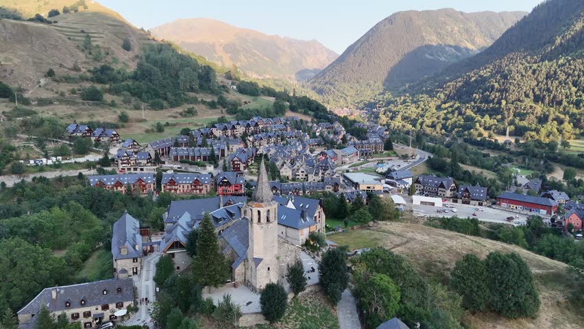 Aerial View Historic Mountain Church Village Pyrenees